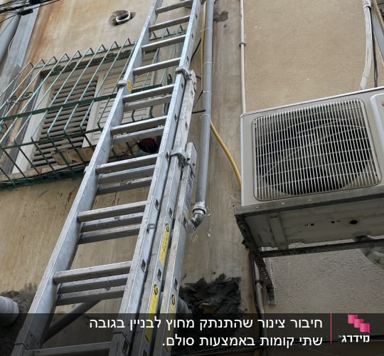 סולם מתכת נשען על קיר עם צינורות וחוטים